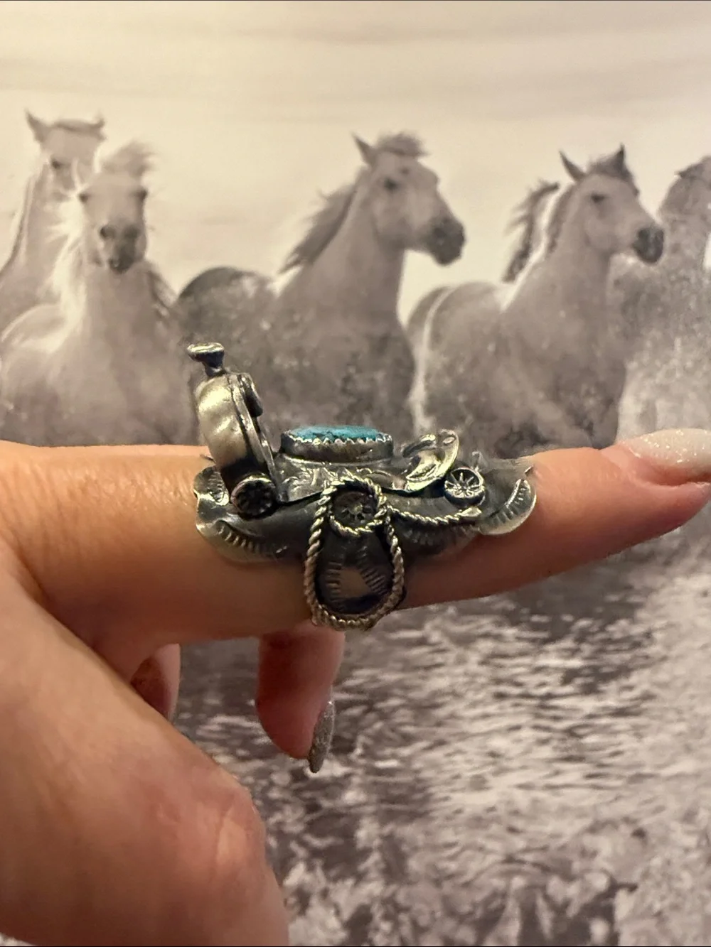 Tim Yazzie Turquoise Sterling Saddle Ring Sz 8 - Picture 6 of 9